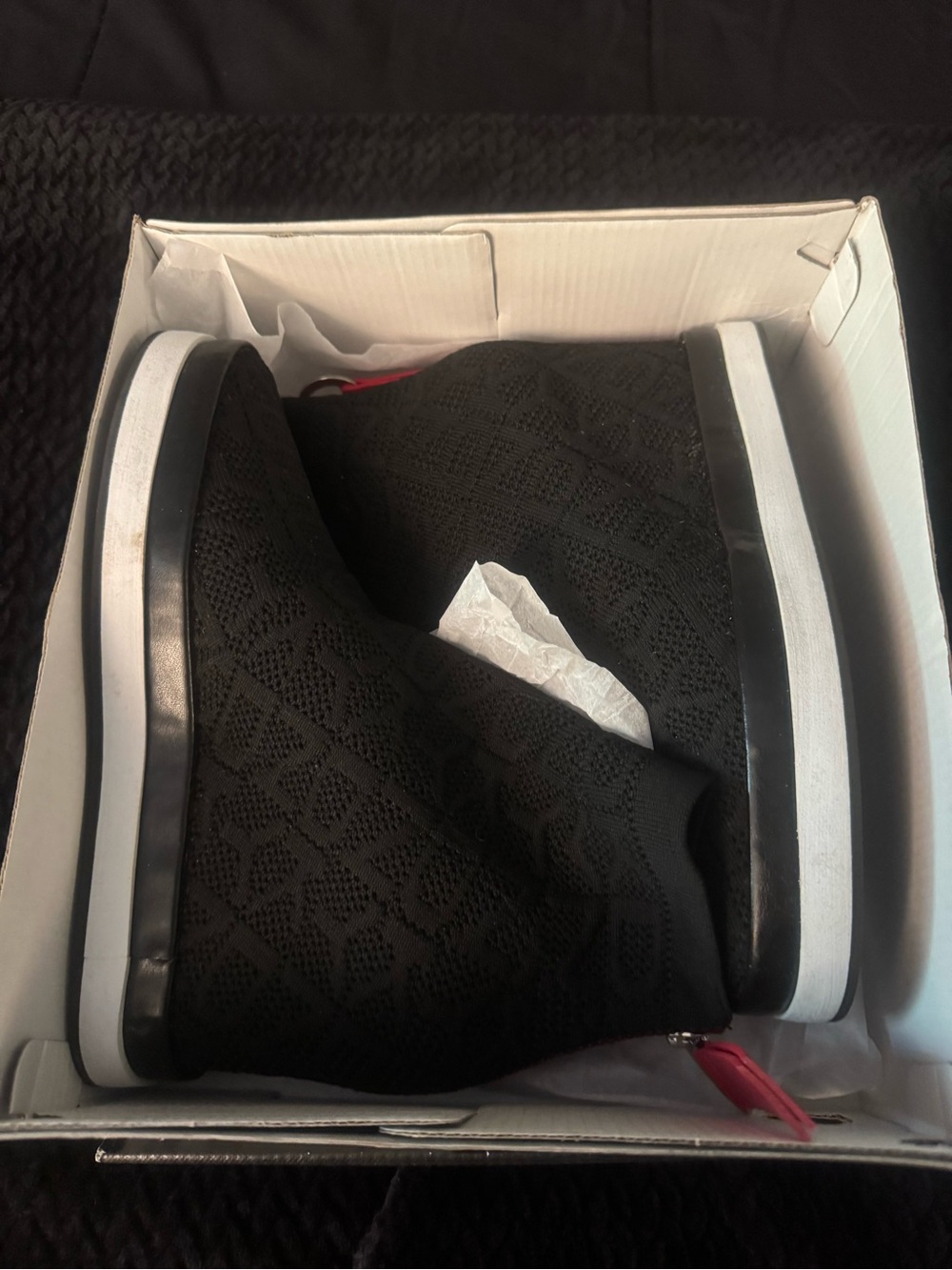 DKNY Black and White Sawyer Wedge Sneaker Box Label